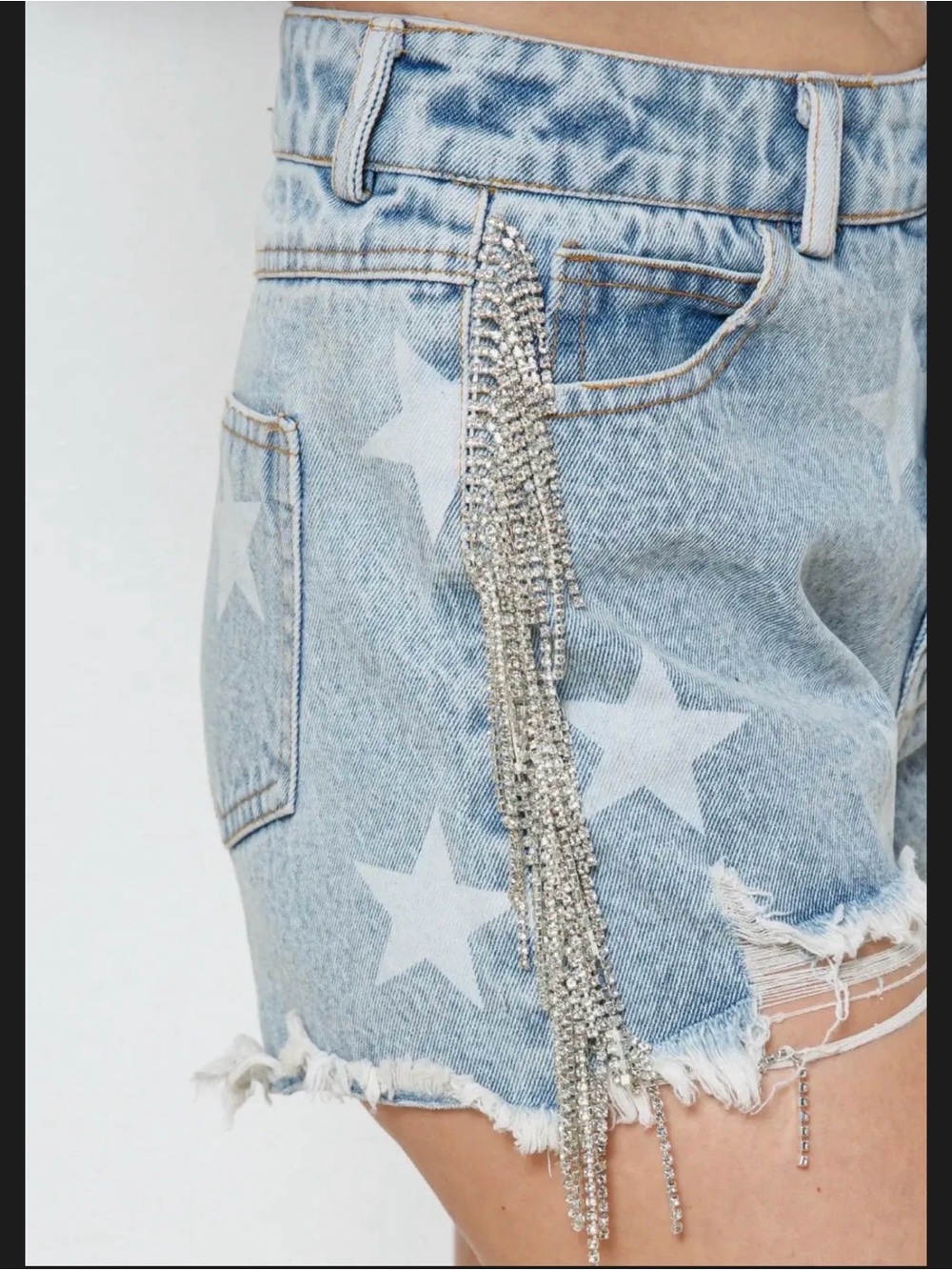 Women's Light Blue Star Print Denim Shorts with Silver Rhinestone Fringe